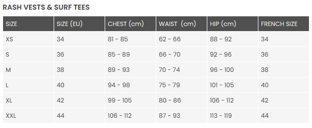 ROXY WOMENS RASH VEST 24 0 Size Chart